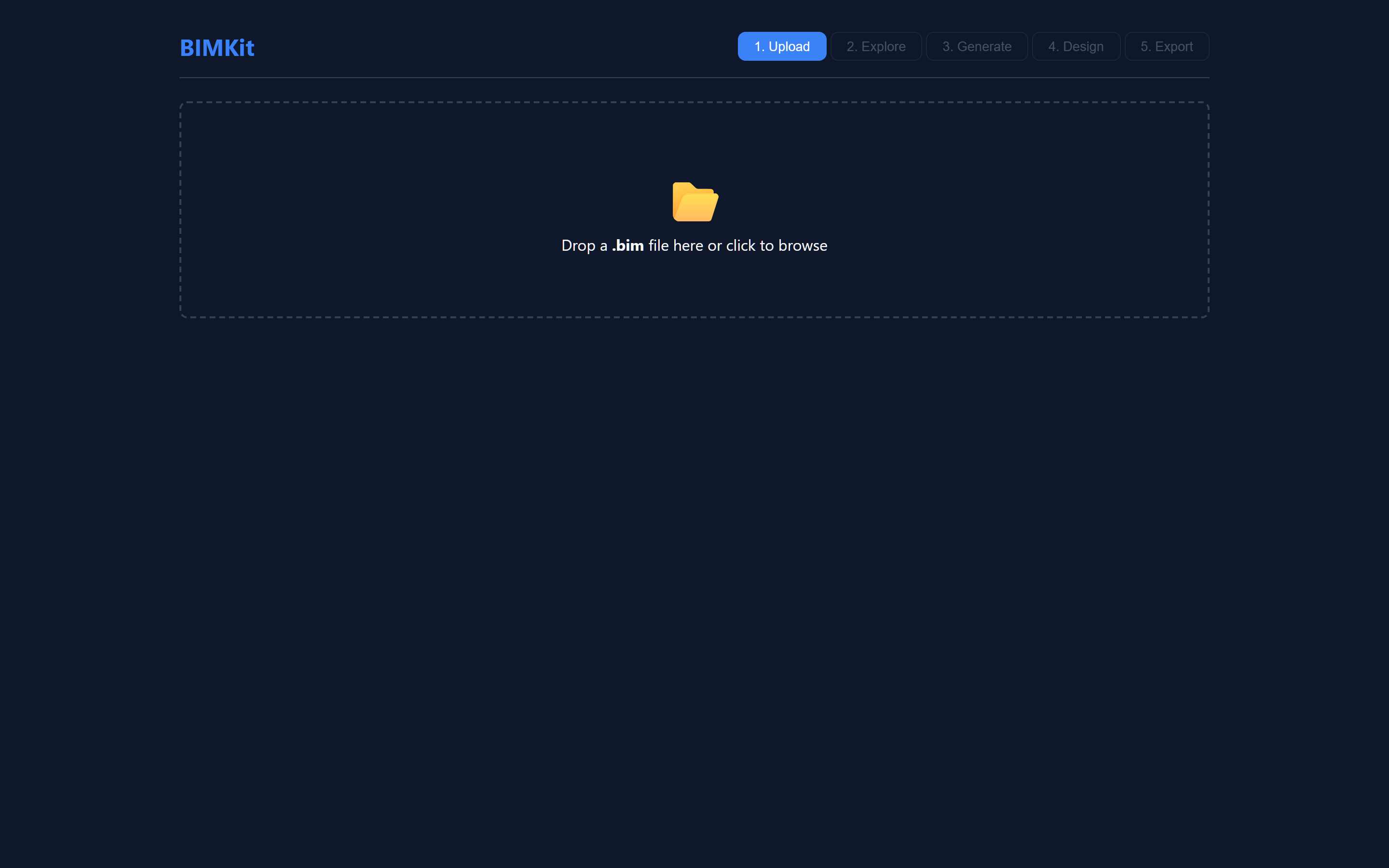BIMKit upload screen with drag-and-drop zone for .bim files