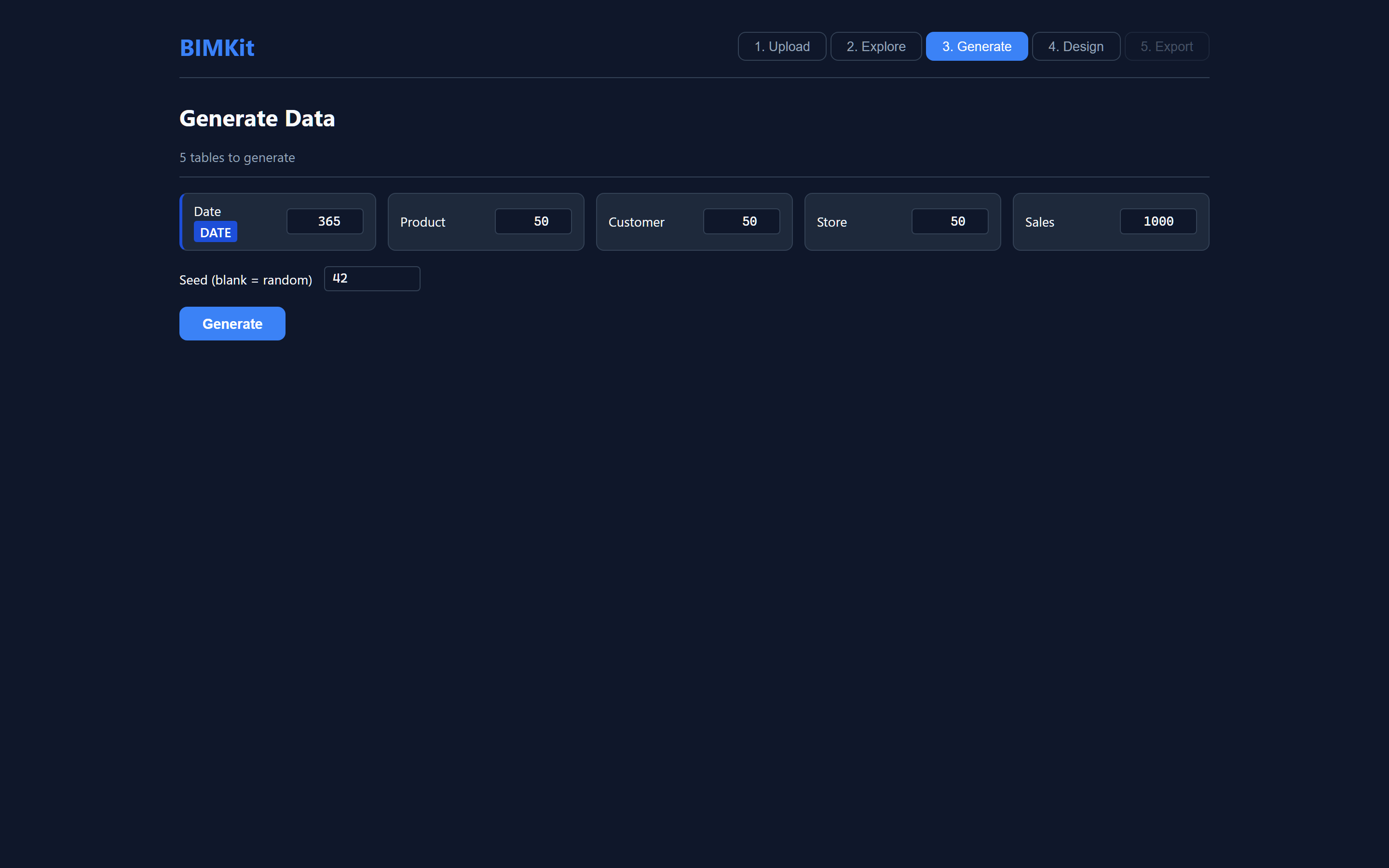 BIMKit Generate panel showing per-table row count inputs for a star schema